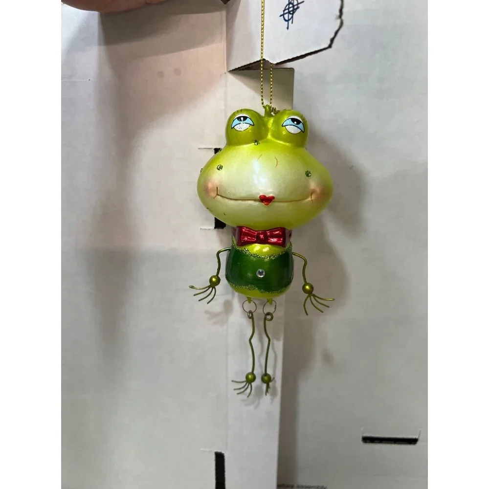 Pier 1 blown glass green lights Frog Hanging Figurine Ornament With Red Bow Tie